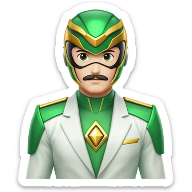 Green power ranger with white suit instead of green, with a visible mustache under the helmet sticker