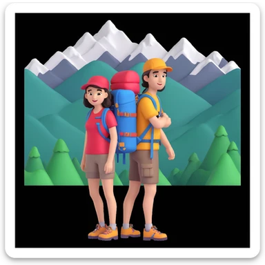 back packer couple posing, mountains in background,   close up pose sticker