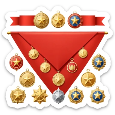 Icon for Collecting Orders, Medals & Badges: a variety of vintage orders, medals and badges, displayed neatly on a big red pennant or in a display case. The icon should reflect the honor and historical significance of these collectible items. Transparent background. sticker