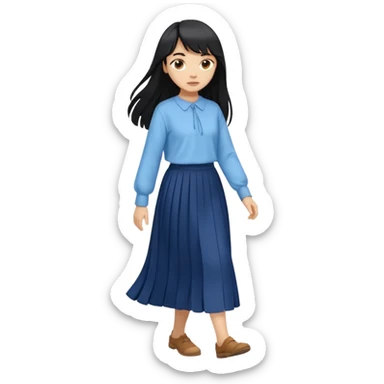hair : black long hair with fringe 
skin : light 
cloth : oversize light blue shirt + navy long long skirt 
motion : walking  sticker