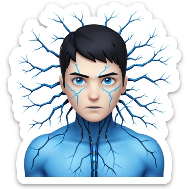 electric lab mutant portrait, head and shoulders only, glowing blue energy cracks on skin, wild hair, intense eyes, sci-fi lab accident vibe, 3D cartoon, mobile game icon style, clean background, no text, no watermark

 sticker