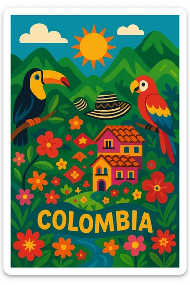 vibrant, magical scene representing Colombia with colorful landscapes, tropical birds, and folkloric elements, whimsical enchanting style sticker