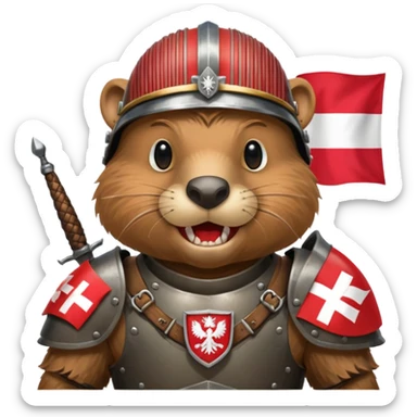 polish husaria miliatry unit but its a beaver, make him with a face like is the best fighter of all times with polish flag logo, not the whole body only the tors, show teeth sticker