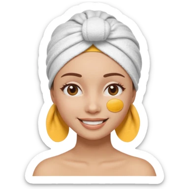 3D emoji style woman with towel head wrap, under-eye patches, smiling softly, clean girl skincare aesthetic, soft studio lighting, smooth skin texture, minimalist beige background, high resolution, PNG sticker