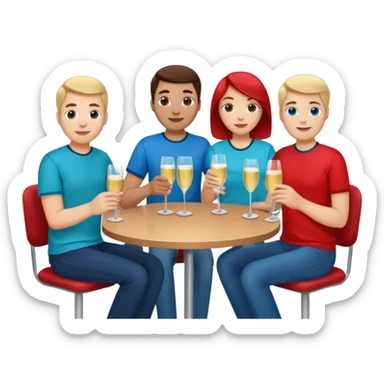 A large crowd of adults in casual clothing with red, aqua and blue shirts with drinks chatting at an afterwork meeting sticker
