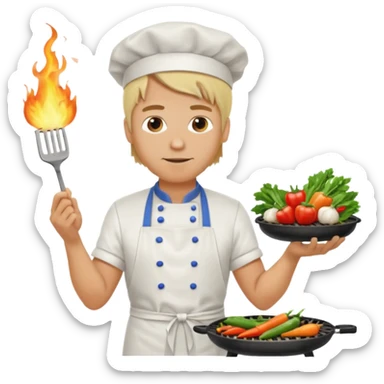 man with tied blond hair and and a white apron grilling vegetables on a sizzling grill sticker