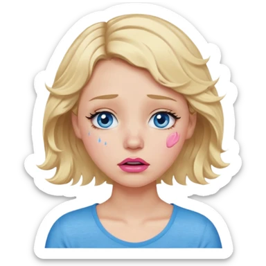 Girl Blonde short wavy hair,  blue eyes, cute blue top, long lashes, pink lips,crying with big tears running down the face  sticker