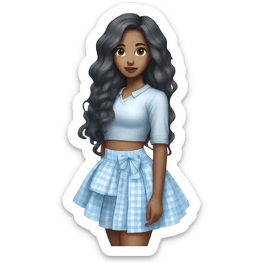 Full body Pretty mixed Asian black girl with long wavy hair wearing a baby blue and white plaid mini skirt with a white bow in her hair sticker