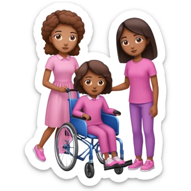 One tan skin sister standing behind her brown skin sister in a pink wheelchair sticker