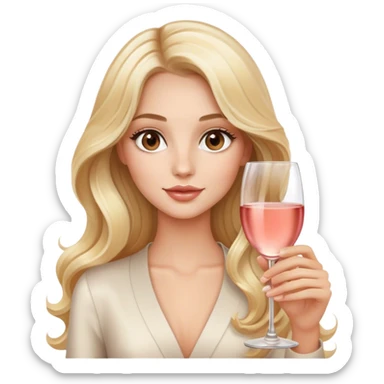 Blonde model with brown eyes, long wavy hair, wine tasting rosé champagne sticker