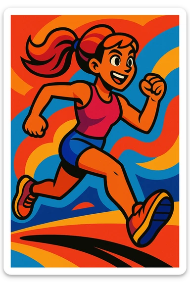 female athlete running, dynamic pose, vibrant cartoon style, energetic and colorful sticker