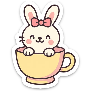 cutesy white bunny rabbit with a pink bow, peeking out of a teacup, pastel toon style sticker