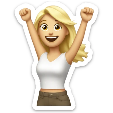 Blonde girl it hands in the air, open palm hand, happy, excited. Above waist only. sticker