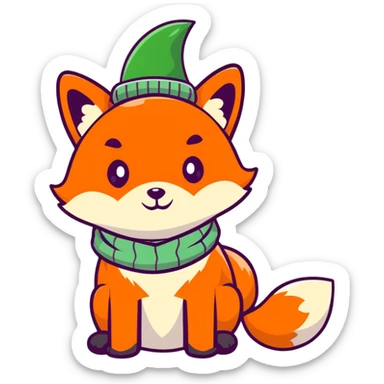 fox wearing a leaf hat and scarf, cute autumn soft style, soft pastel colors, cartoonish sticker style sticker