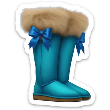 Tall Pair of peacock blue fur Ugg boots with silk ribbon bow. sticker
