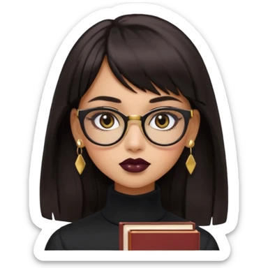 generate a pretty bratz girl with black small square spectacles, dark lipstick, gold stud earrings, black turtleneck , books in hand, dark brown straight long hair with bangs, eyeliner on,  sticker