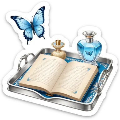 A silver-plated tray with an intricate floral pattern holds an open book of poetry, a folded love letter, and a vintage perfume bottle with a golden atomizer. A single blue butterfly is captured mid-flight, adding a touch of quiet magic to the scene. sticker