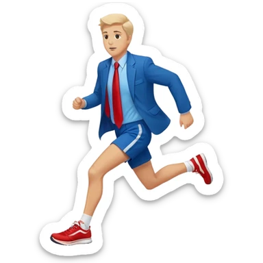 a running white man wearing a blue jacket, shorts, red sneakers, and a flowing red tie sticker
