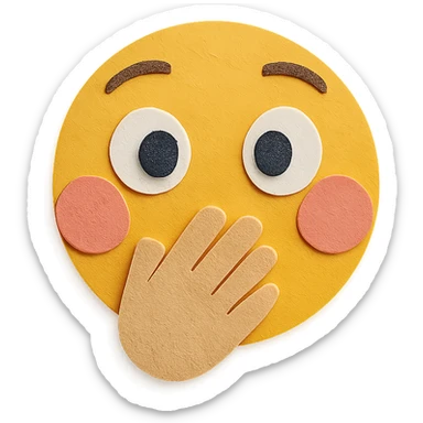 surprised face with hand over mouth, wide eyes, pink cheeks, paper craft style sticker
