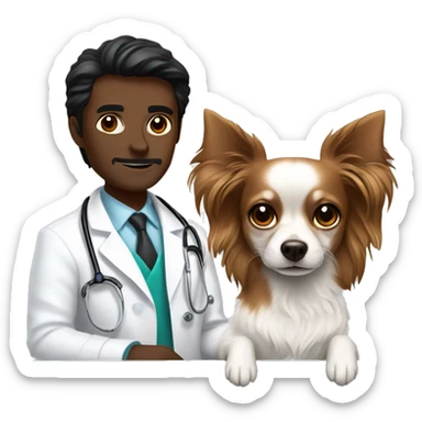 Veterinary doctor with wavy brown long hair brown eyes in a white coat next to a solid black chihuahua dog on a metal table  sticker