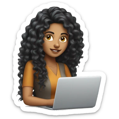 lighter skin Indian woman working on laptop with long black curly hair sticker
