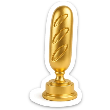 a baguette standing upright on a pedestal, trophy style, gold, cartoonish sticker