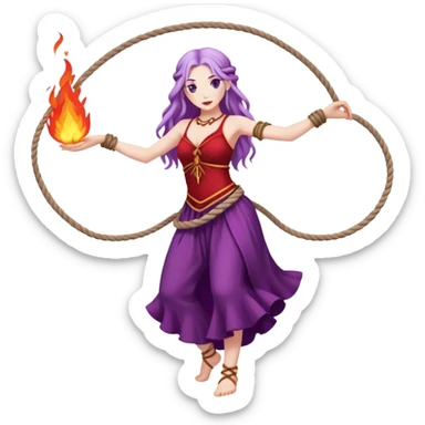 Full body rope Poi fire dance performer pale skin with long purple hair red dress sticker