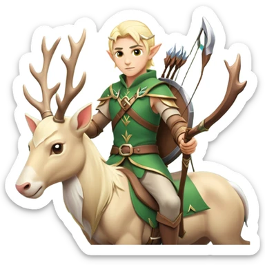clash-of-clans-aesthetic-blond-male elf-archer-portrait-emoji, rendered in a flat, vector-style with minimal shading and bold, simplified shapes, head tilted slightly forward with a determined, focused expression, riding a majestic white stag whose antlers glow with mystical energy, set against an ancient, enchanted forest backdrop. sticker