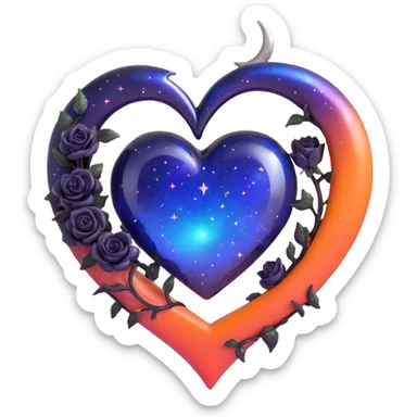 gothic heart made of midnight blue glass with a silver crescent moon, tiny black roses, shimmering stardust, rainbow iridescent effect sticker
