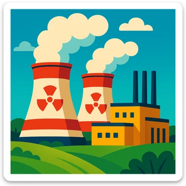 stylized illustration of a nuclear power plant with cooling towers, green landscape, clean energy, minimal background sticker