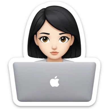 Beautiful programmer girl with black eyes and hair working with MacBook sticker