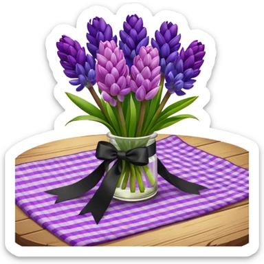 A lush bouquet of bright prple color Hyacinths black satin ribbon, resting on an antique wooden table, with a pale yellow and pink plaid pattern table cloth sticker