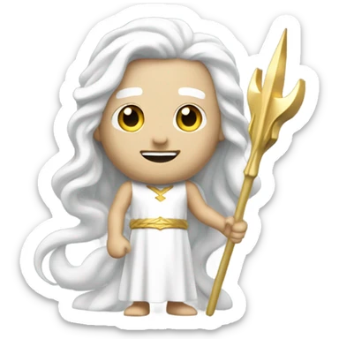 white Poseidon with gold Trident. long white hair white dress. wink eye sticker