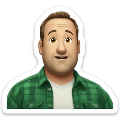 Kevin James wearing a green flannel and shrugging while looking into the camera sticker