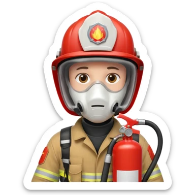 Firefighter with white respiratory protection white color helmet with fire extinguisher sticker