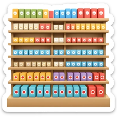 "Minimalist Japanese retail shelf display, products aligned identically in horizontal rows, each item repeated directly behind the other (multiple units in depth), vertically varied by type, clean spacing, precise symmetry, soft neutral lighting, front-facing packages, ultra-detailed." sticker