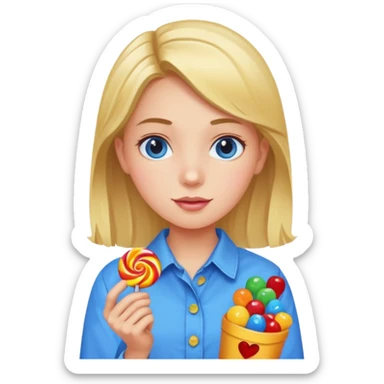 girl in a blue button-up shirt loving candy sticker