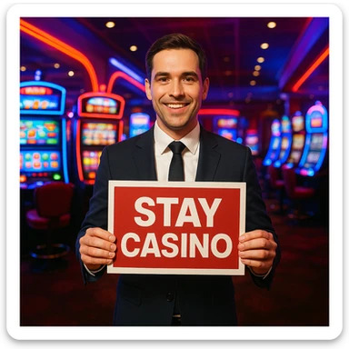 A man in a suit, holding a 'Stay Casino' sign, casino background with slot machines and neon lights. sticker