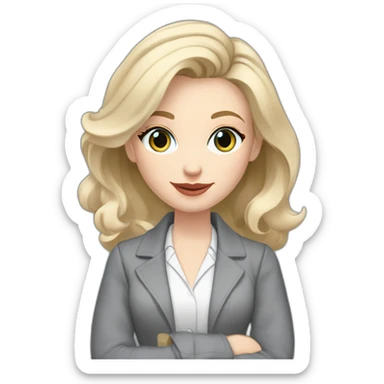 pale skin woman interior designer with cold blonde middle length hair, blue eyes, White blouse, Gray oversize jacket, Gray skirt holding a color palette in the hands sticker