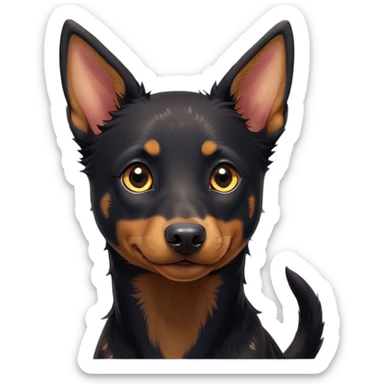 Cinematic Cute Black and Tan Kelpie Portrait Emoji, Head tilted playfully and inquisitively, featuring a sleek black Fur with vibrant tan markings, round, sparkling dark eyes filled with curiosity, Simplified yet irresistibly adorable features, highly detailed, glowing with a warm, friendly glow, high shine, affectionate and spirited, stylized with a touch of whimsy, bright and endearing, soft glowing outline, capturing the essence of a mischievous yet loving herder, so playful it feels like it could leap out of the screen and into your arms! sticker