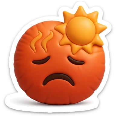 hot emoji with sun and heat waves, red and orange tones, soft plush cushion style sticker