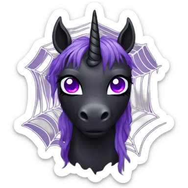 Spooky black unicorn with purple eye and white spider webs sticker