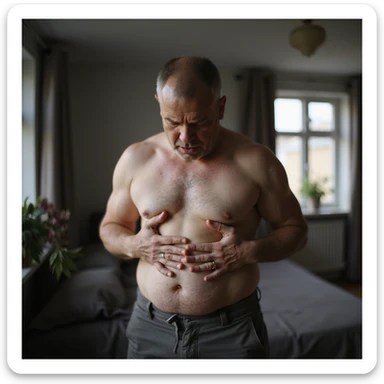 realistic 4K man squeezing his belly with hands, expression of hatred towards his belly, domestic environment, natural light sticker