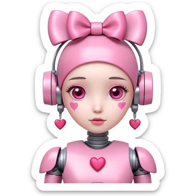 cute pink robot girl with a bow on her head and heart decorations sticker