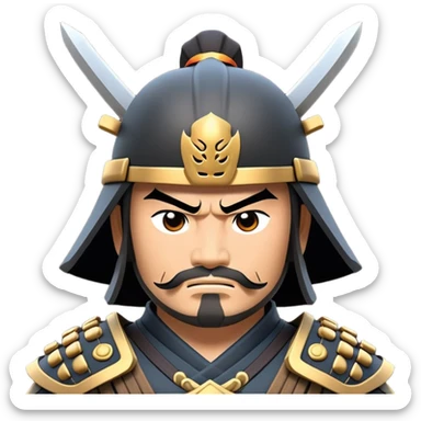 clash-of-clans-aesthetic_-cinematic-fearsome-and-majestic-samurai-bust-portrait-emoji, rendered in a flat, vector-style with minimal shading and bold, simplified shapes typical of emoji art, depicting a battle-hardened samurai with steely eyes and traditional black Japanese armor. The samurai is riding a noble grey warhorse adorned with an intricately designed saddle and fluttering banners, against a backdrop of cherry blossoms and a rising sun. sticker