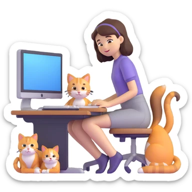 a girl at a desk with a computer with a cat lying beside the computer sticker
