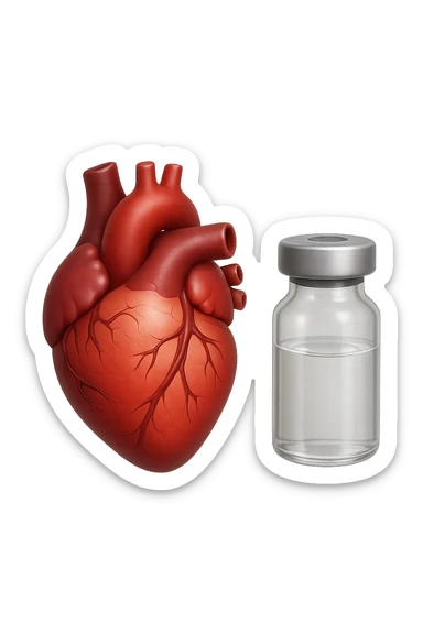 emoji stile iphone di cuore anatomico realistico in 3d che fluttua in aria insieme a una boccetta di fiala medica, FALLO MOLTO REALISTICO IN 3D sticker