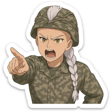 Style of Anime, 1 female, gold yellow eyes, white hair lavender tips, locks in front, mohawk, long white braid, she is a drill sergeant at work, focused facial expression, shouting command, eyes looking down in front of her, pointing a blade hand gesture to the forward direction, uniform of gray large scale digital camo. her head is covered with a PAGS style wrapped ballistic helmet sticker