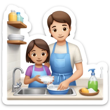 child and parent washing dishes together, friendly and caring sticker