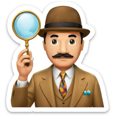 Icon for Detective Poirot: A colorful collage featuring Hercule Poirot in his iconic suit, with a mustache and a magnifying glass. Include a dark, mysterious city background and subtle clues like fingerprints or a crime scene. Retro movie poster style. Transparent background. sticker